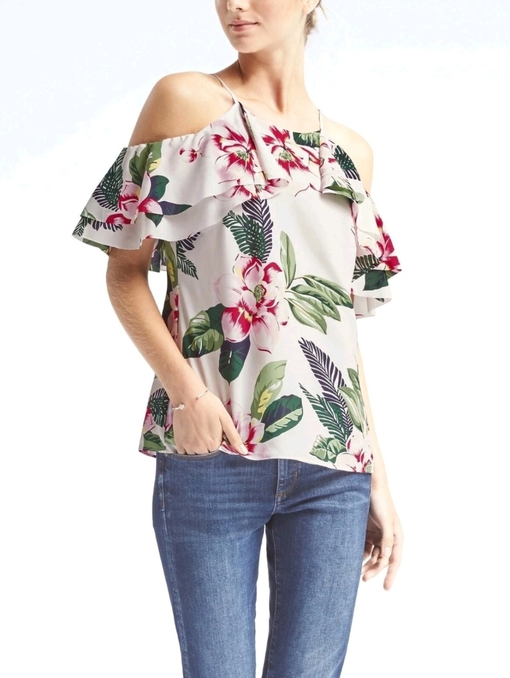 Banana Republic White Tropical Floral Cold Shoulder Chiffon Blouse Size Small